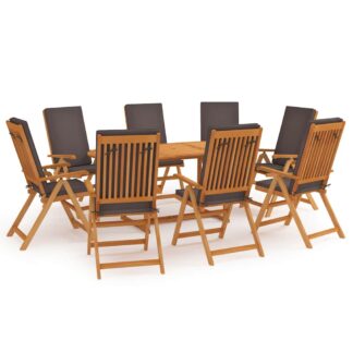 vidaXL Σετ Τραπεζαρίας Κήπου 9 Τεμ. Μασίφ Ξύλο Teak με Γκρι Μαξιλάρια