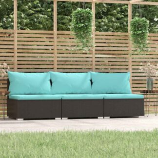 vidaXL Τριθέσιος Καναπές Μαύρος από Συνθετικό Ρατάν με Μαξιλάρια