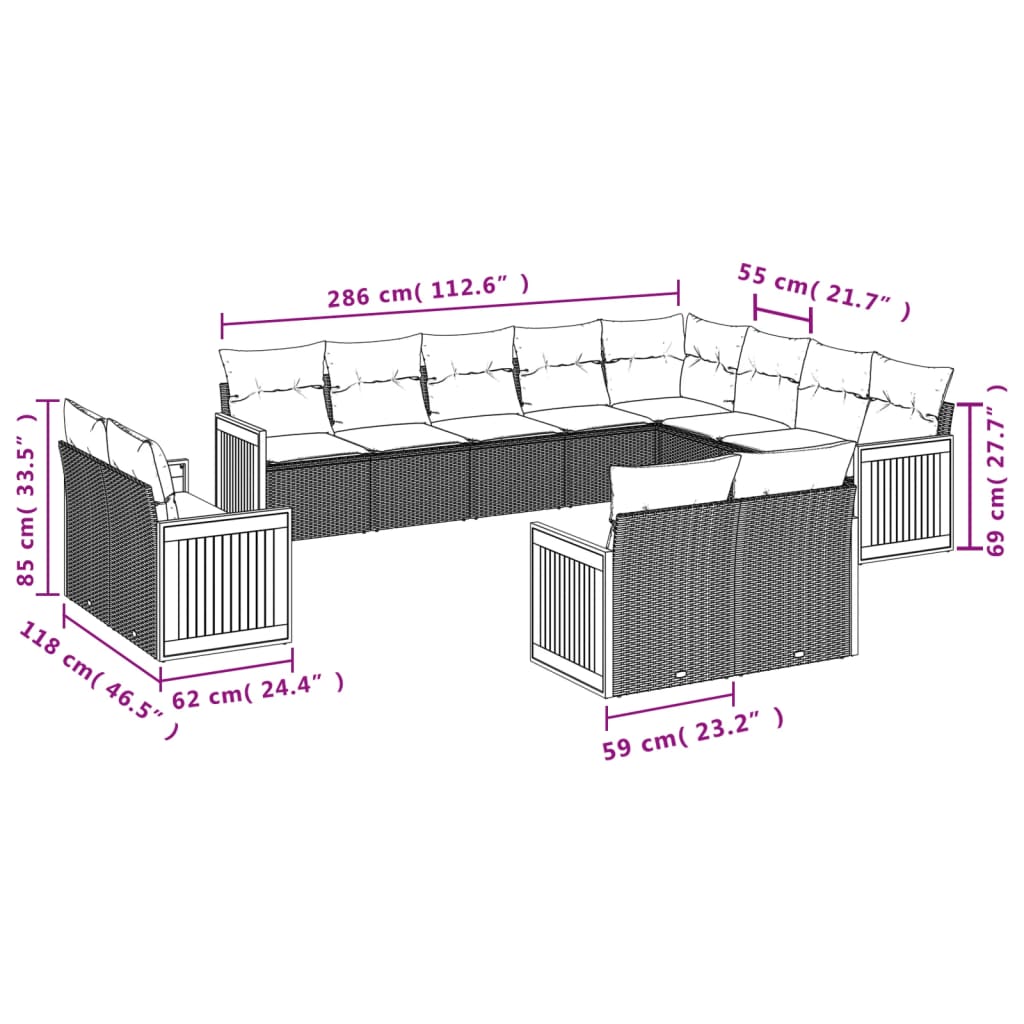 vidaXL Σαλόνι Κήπου 12 Τεμαχίων Γκρι από Συνθετικό Ρατάν με Μαξιλάρια - Image 3