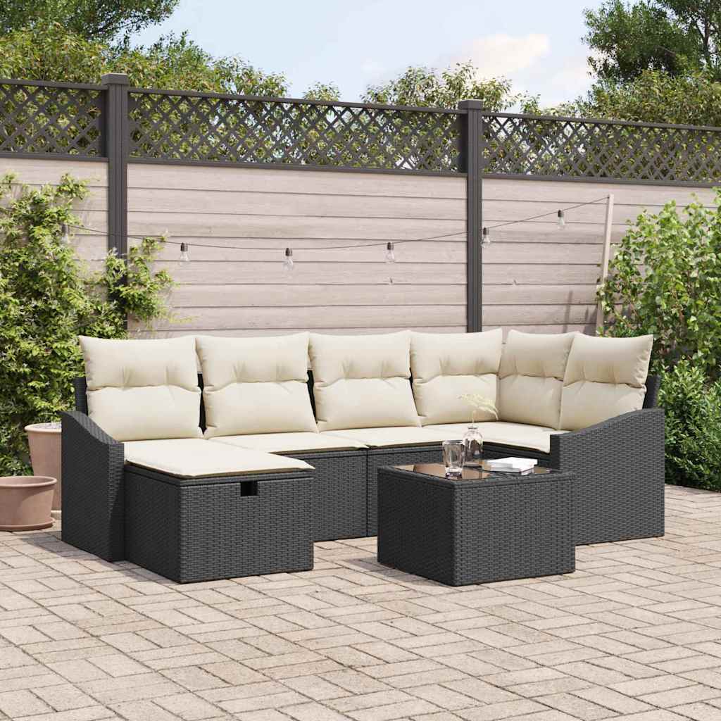 vidaXL Ensemble de Canapé de Jardin 7 τμχ. Μαύρο και Κρέμα