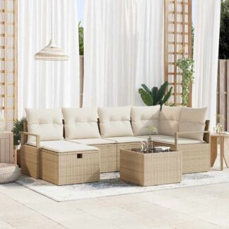 vidaXL Σετ Καναπέ Κήπου με μαξιλάρι 7 pcs Μπεζ Πολυ ράταν