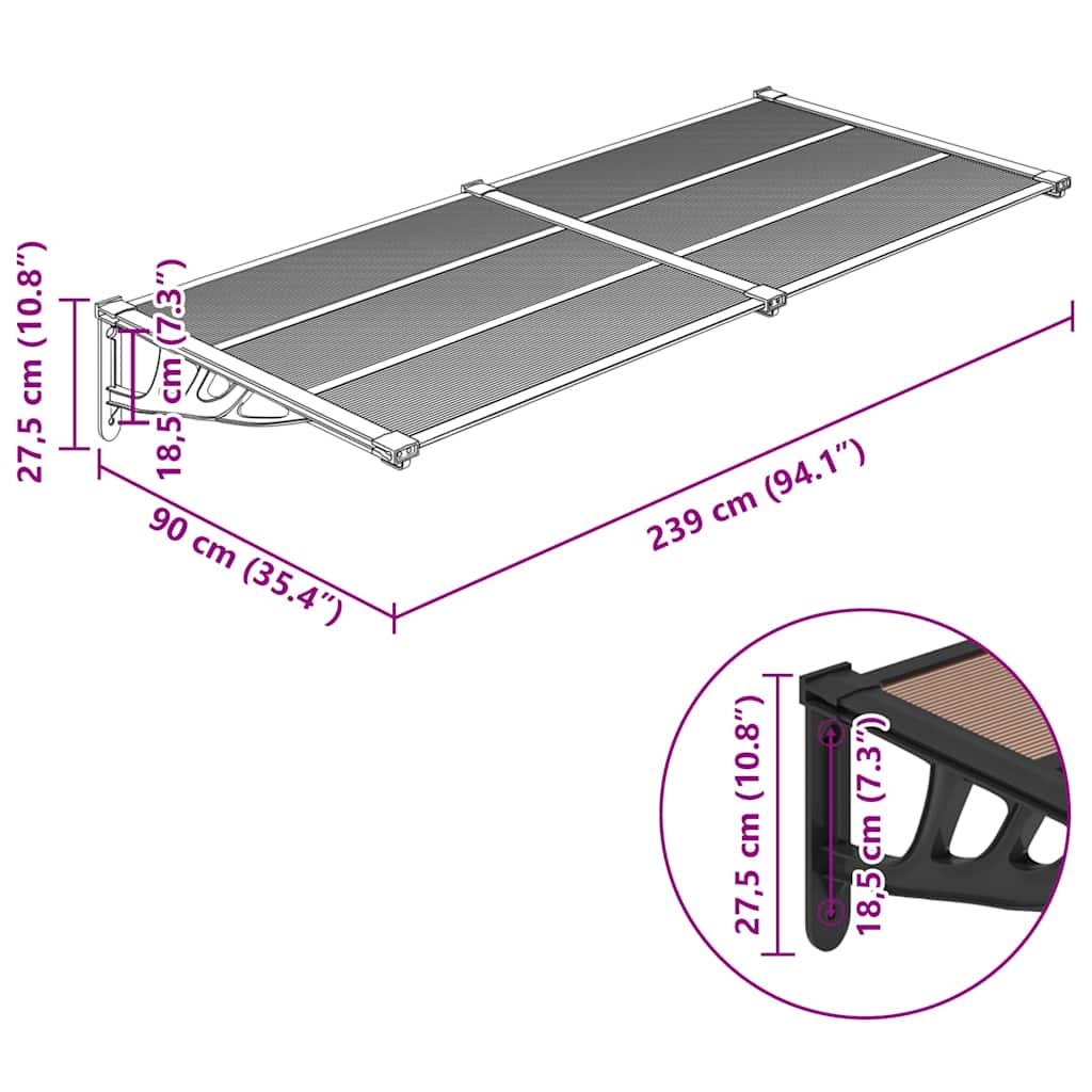 vidaXL Στέγαστρο Πόρτας Μαύρο 239x90 εκ. από Πολυκαρβονικό - Image 6