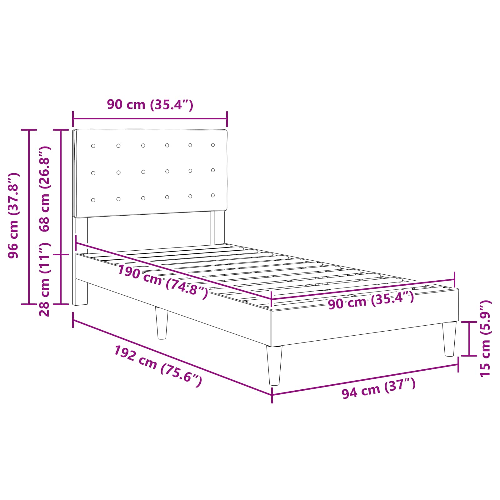 vidaXL Σκελετός Κρεβατιού με κεφαλάρι Μαύρο 90 x 190 cm Ύφασμα - Image 9